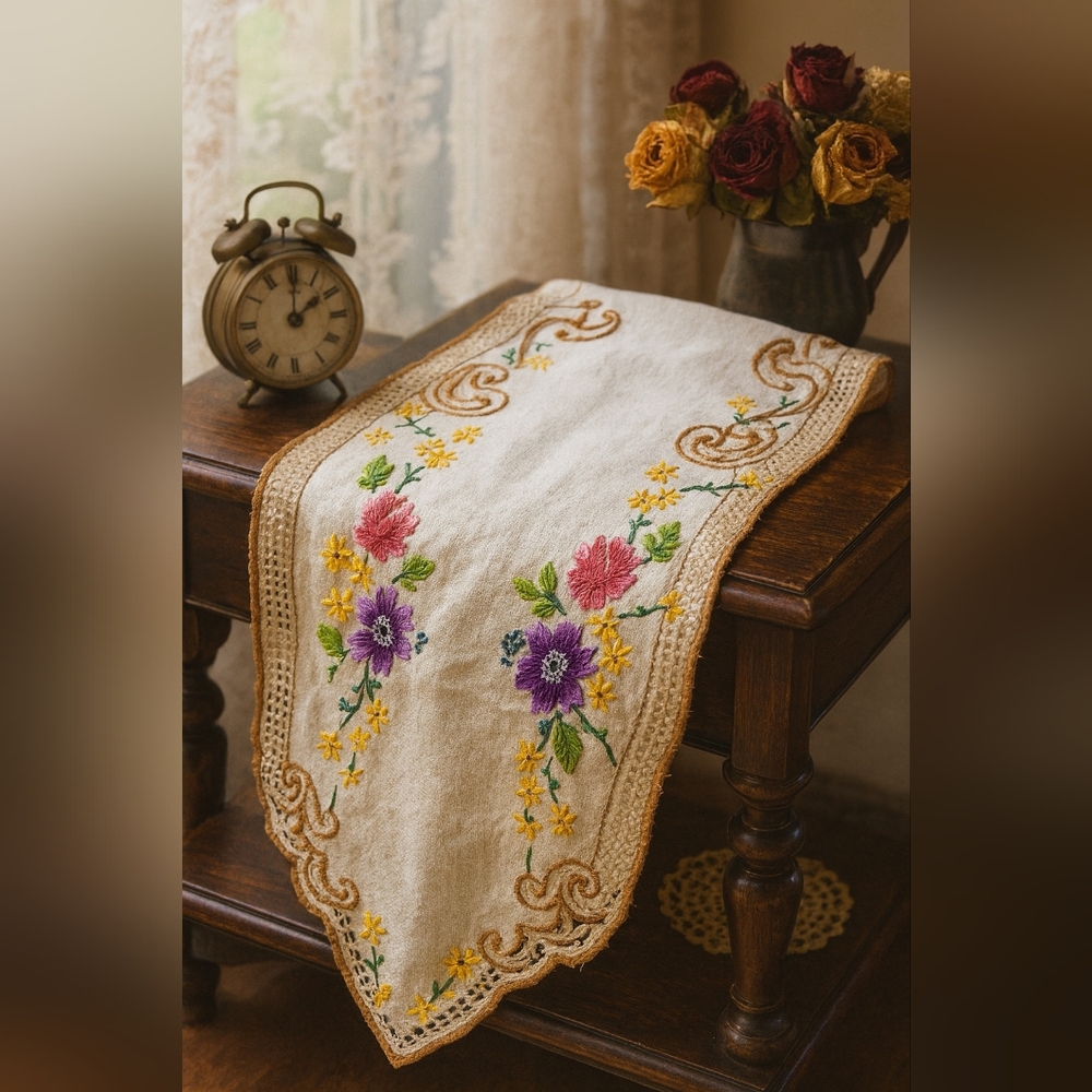 Vintage Embroidered Mini Table Runner – Floral Linen – Handmade Detailing